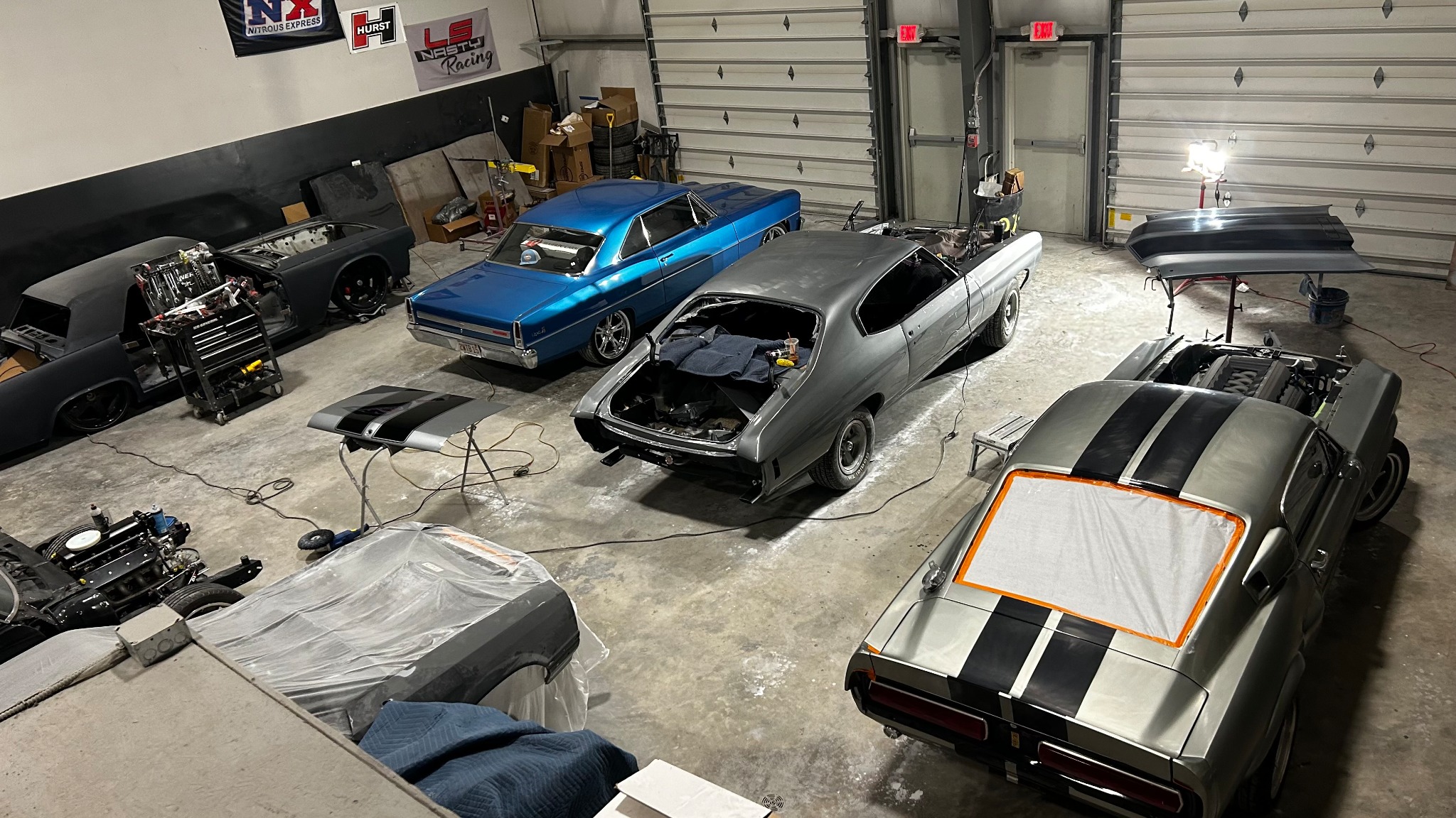 Multiple restoration projects inside the workshop